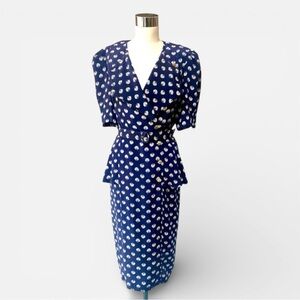 Vintage 1980's LIZ ROBERTS Shell‎ Nautical Dress with Peplum Waist, Gold Buttons